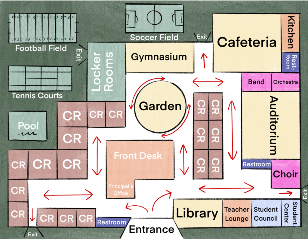 The map of the Hectic High TTRPG